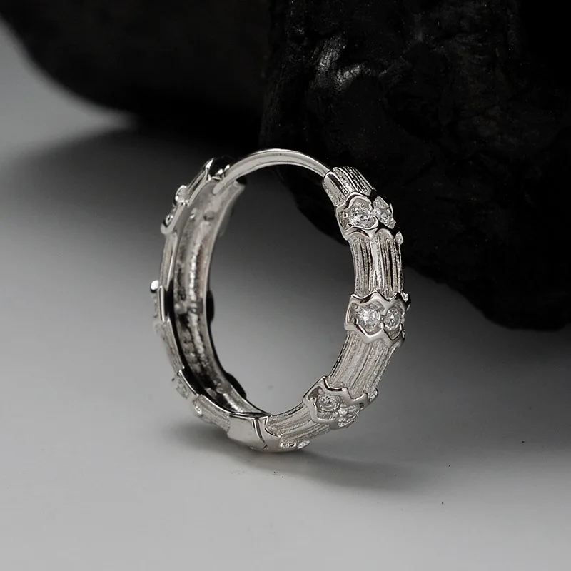 Korean Design S925 Pure Silver Bamboo Knot Ear Buckle for Women's Small and Super Sparkling Diamond Embedding Hoop Earrings