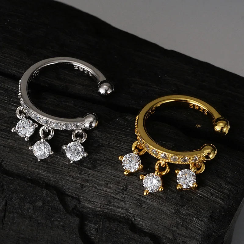 MLKENLY 925 Sterling Silver Sparkling White CZ Zircon Pave Chain Tassel Ear Cuffs For Women No Piercing Simple Clip Earrings Gif