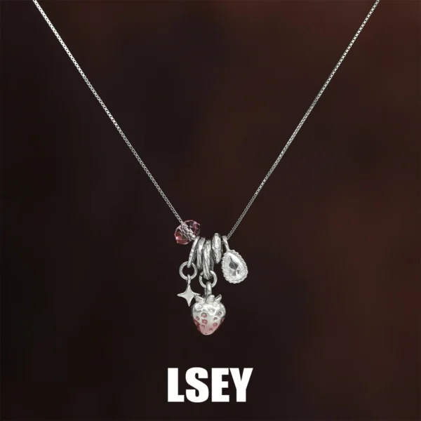 MLKENLY S925 Sterling Silver Strawberry original, niche, sweet, cute, drip oil adjustable necklace, silver jewelry wholesale