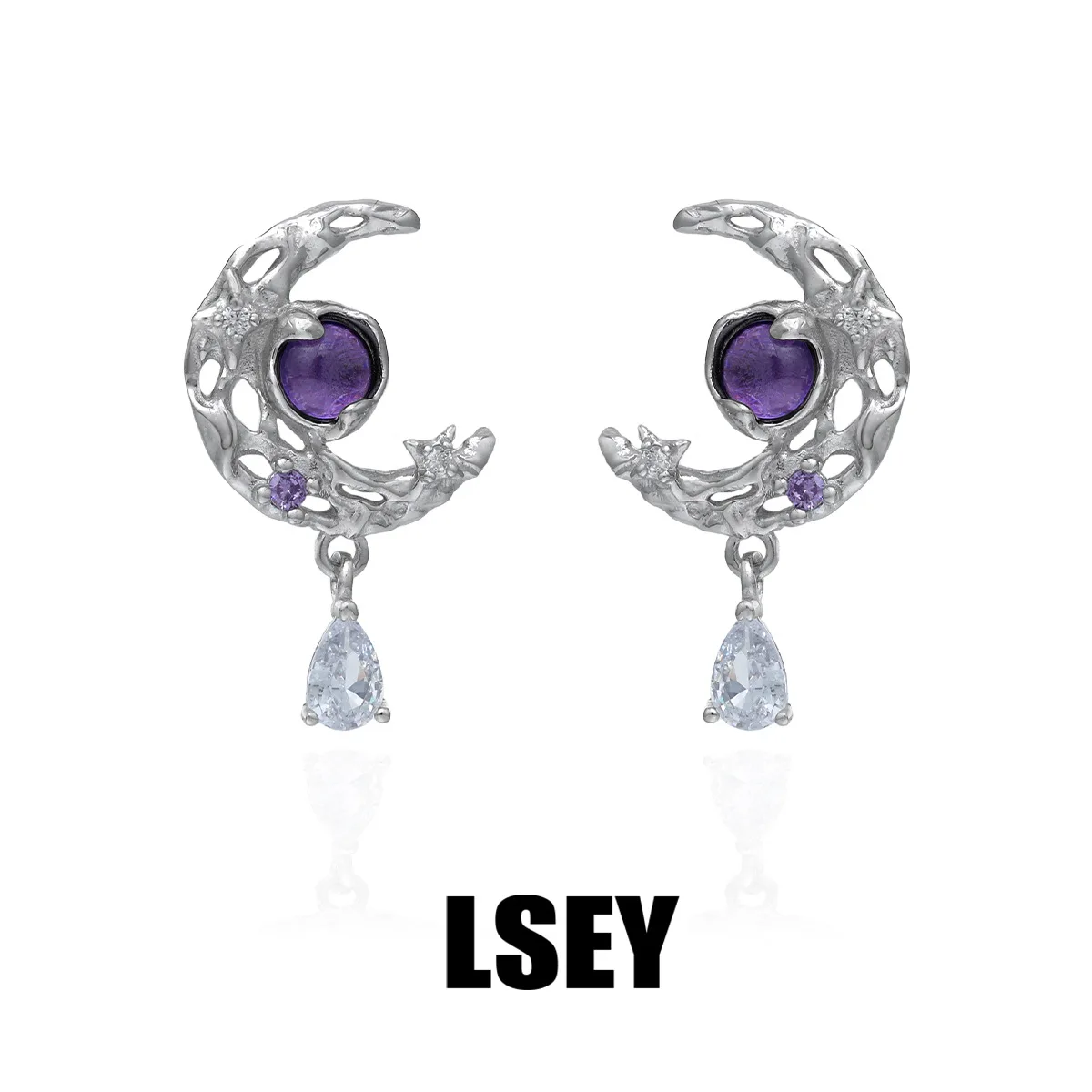 Minimalist S925 Sterling Silver Lava texture moon, niche personality, high-end feel, purple zircon stud earrings - Image 5