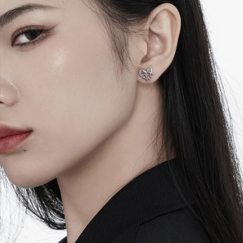 MLKENLY Cherry Blossom Powder Sweetheart Series Asymmetrical Earrings Female S925 Sterling Silver Texture Sweet Cool Heart Earr - Image 2