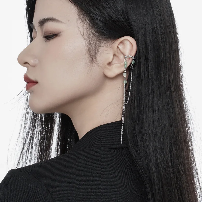 MLKENLY New Chinese style turquoise tassel ear clip for women S925 sterling silver Chinese style ear jewelry without ear holes - Image 2