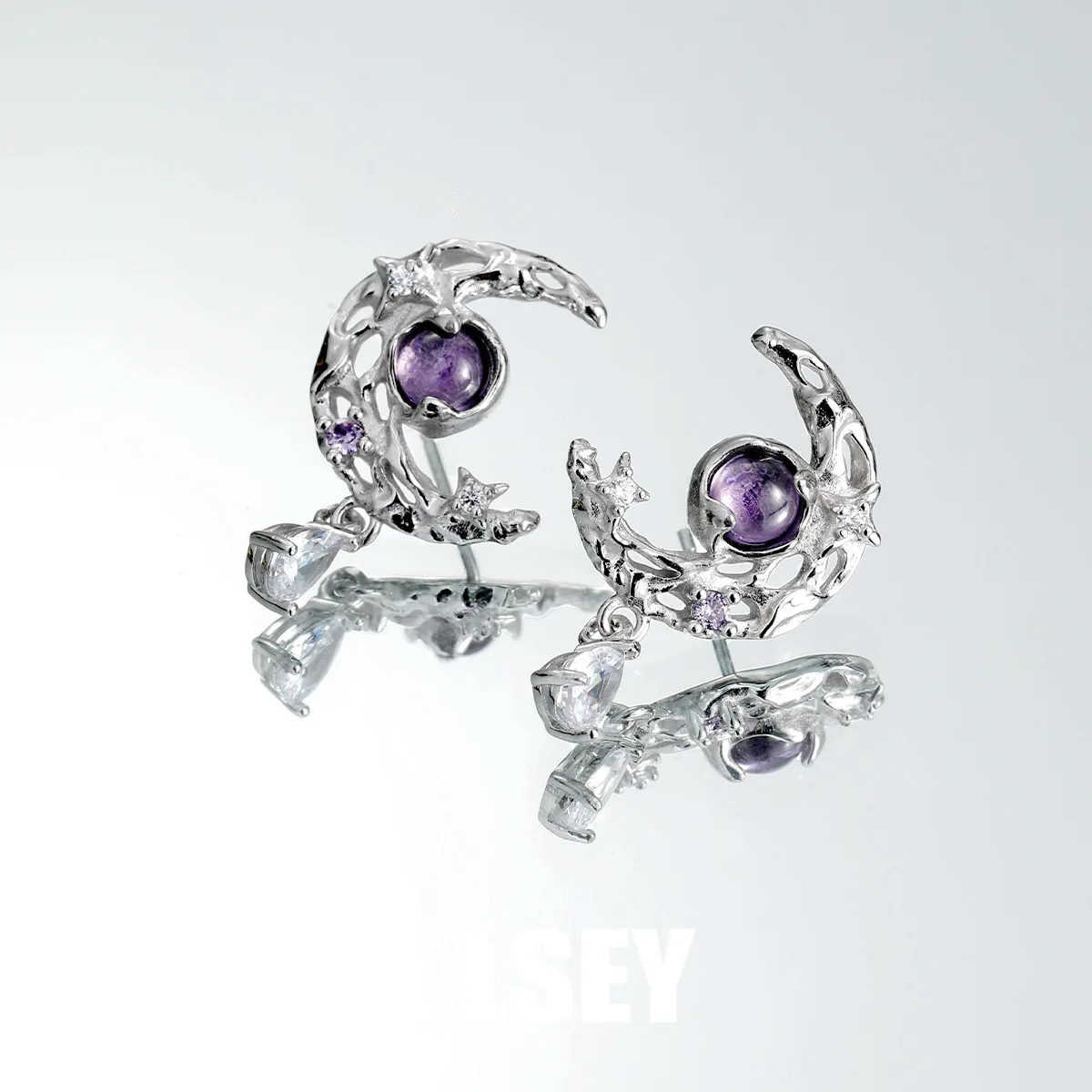 Minimalist S925 Sterling Silver Lava texture moon, niche personality, high-end feel, purple zircon stud earrings - Image 2