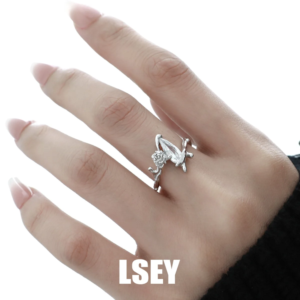 100% S925 Sterling Silver Rose Water Drop Diamond Ring Pure Silver Original Design Zircon Open Ring Wholesale - Image 3