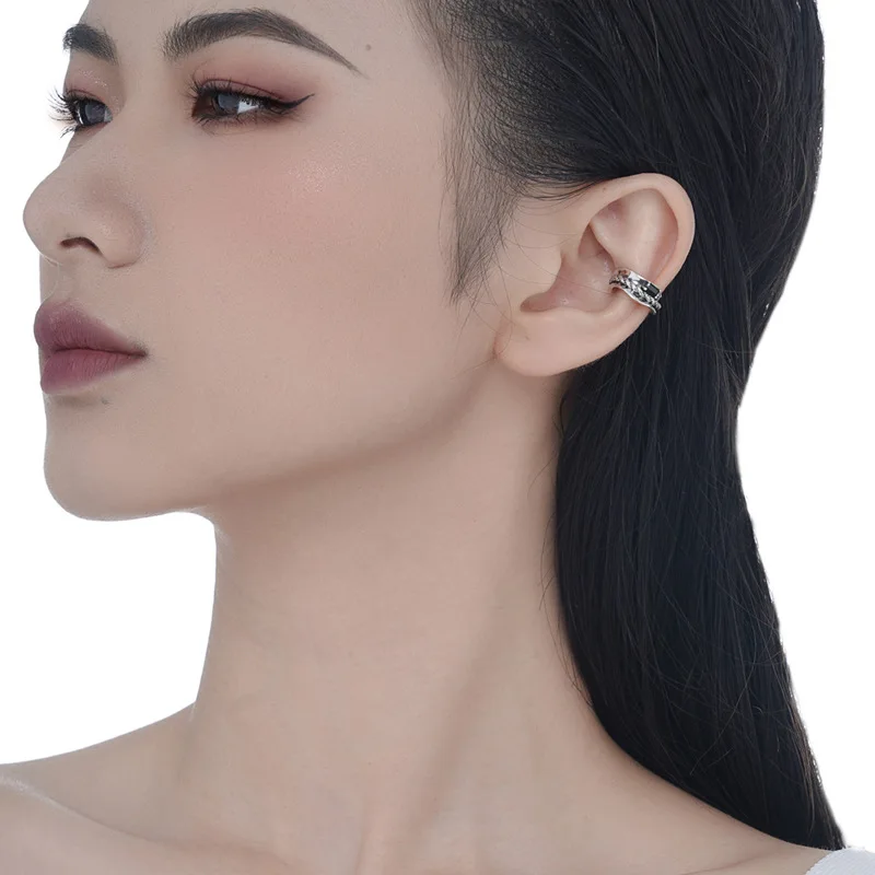 MLKENLY 1PCS Korean minimalist niche design S925 pterling silver black diamond ear cuff for women, retro vintage made chain - Image 5