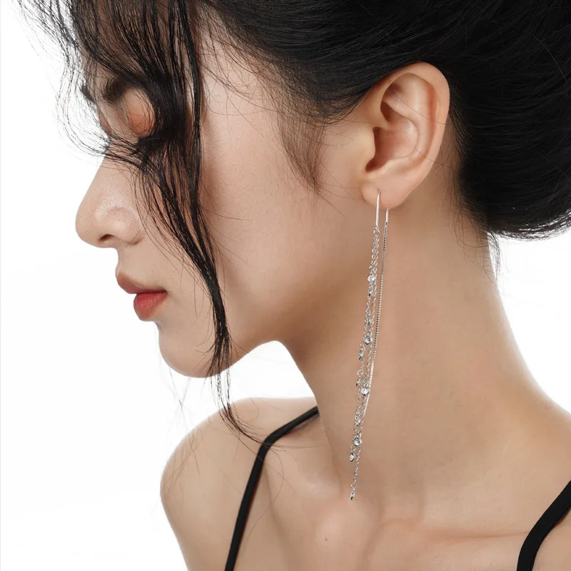 MLKENLY 1 PCS S925 sterling silver long style diamond studded tassel earrings with female ins and cool style earrings - Image 4