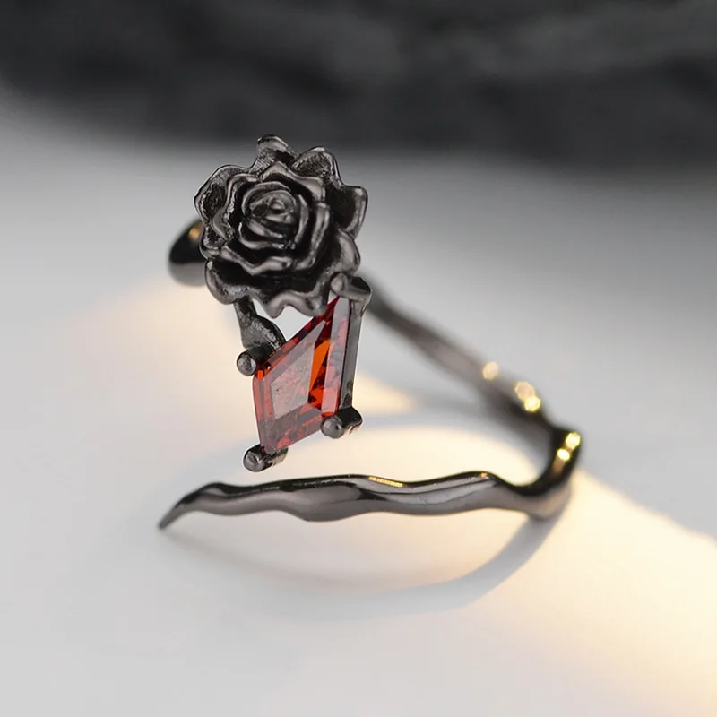 MLKENLY Light luxury niche S925 sterling silver Black Rose Ring Female Open Mouth CZ Inlaid Finger Ring - Image 2