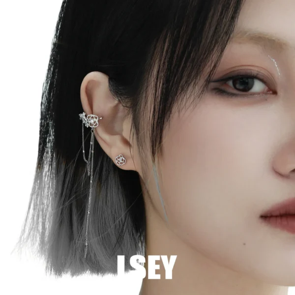 S925 sterling silver Lace rose ear clip elegant classical hollow tassel ear cuff silver decoration jewelry cool punk