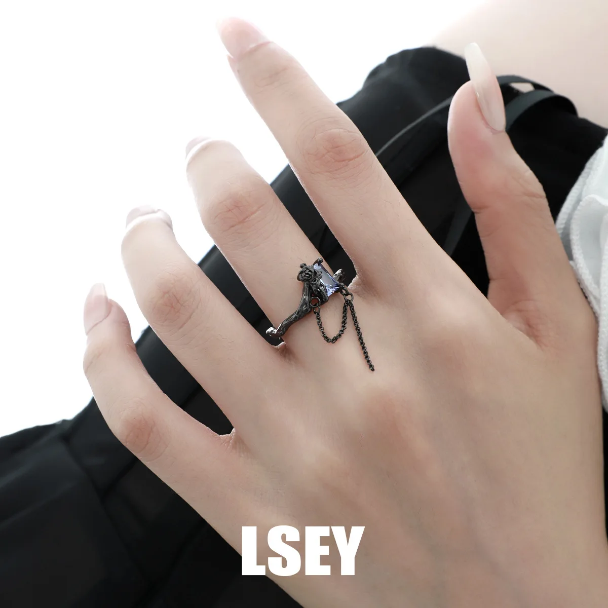 MLKENLY New S925 sterling silver Black Rose Tassel Ring Cold Wind Open Ring Design Luxury Exquisite Party Jewelry For Women - Image 4