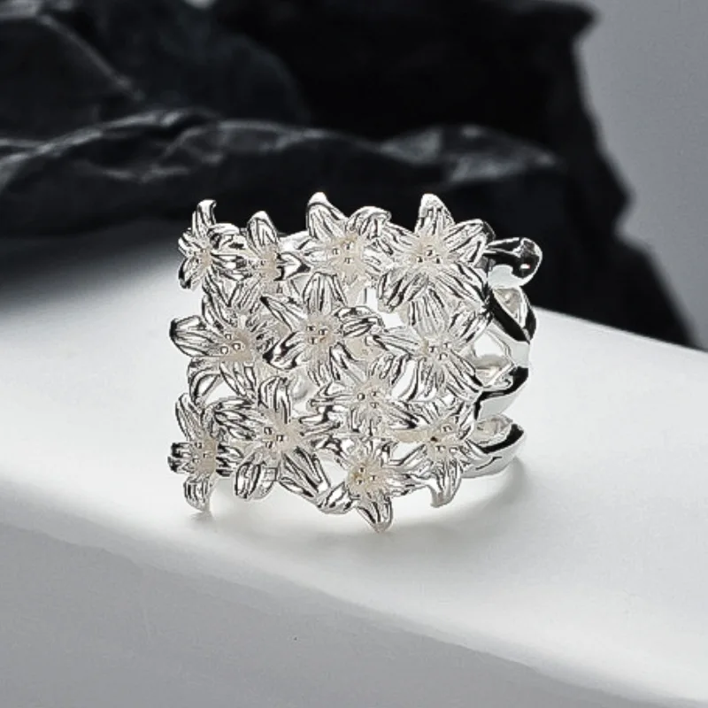 MLKENLY S925 sterling silver Flower Flower Ring Female Ins Cold Wind Open Wide Version Flower Finger Ring - Image 5