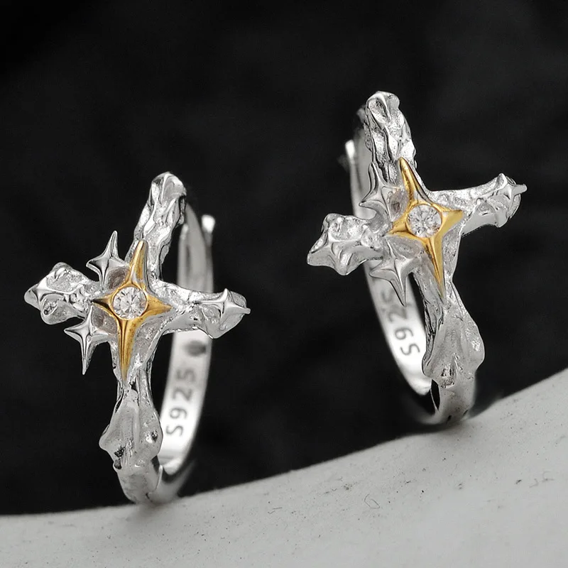 MLKENLY 1 PCSS925 sterling silver Color blocked cross earrings for women with cool and aloof style ear cuff