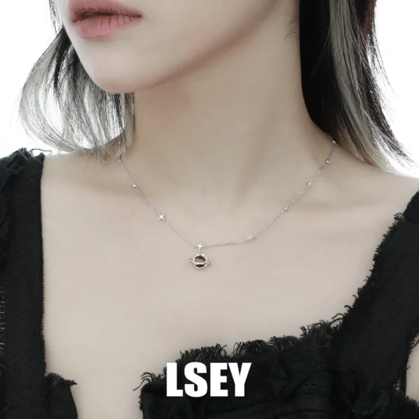 MLKENLY S925 Sterling Silver Versatile temperament Saturn tiger eye stone Pendant Necklace For Women  Collarbone Chain Sets