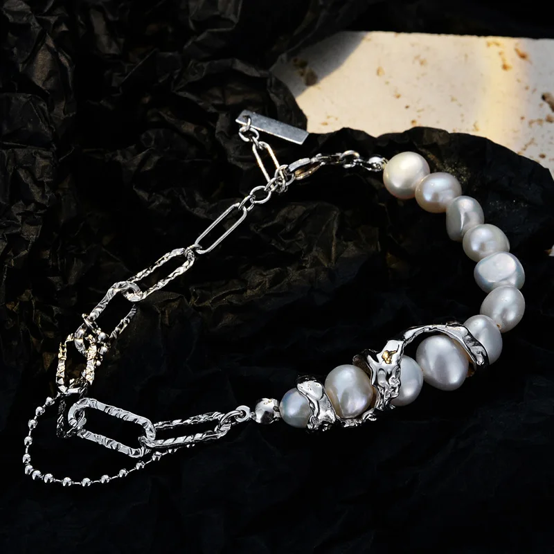 MLKENLY Baroque Bracelet Pearl French Light Luxury S925 Sterling Silver Textured Cross Chain Handwear for Women - Image 5