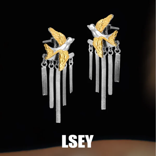 Minimalist S925 Sterling Silver Flying bird flat tassel earrings, cool and stylish earrings, silver jewelry wholesale