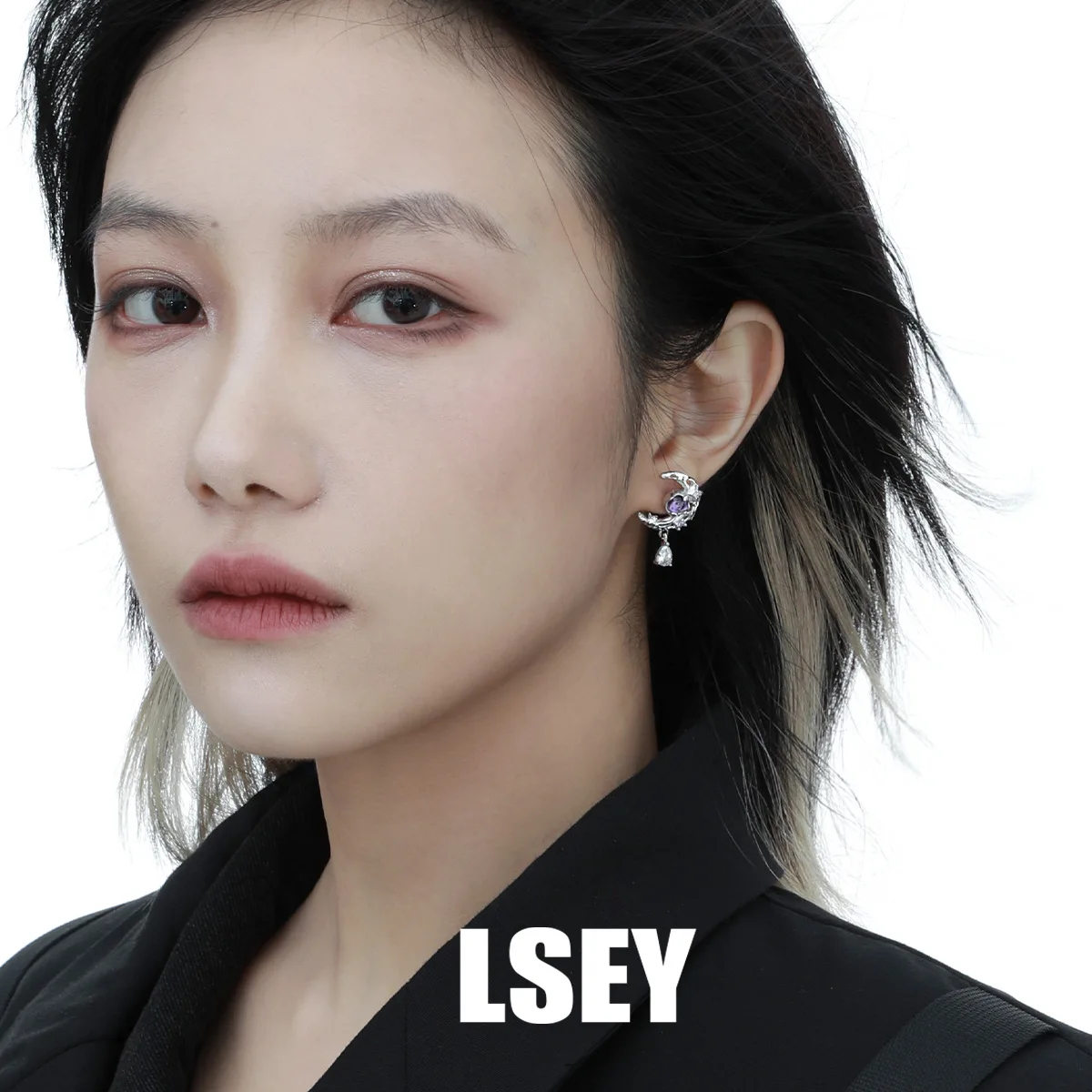 Minimalist S925 Sterling Silver Lava texture moon, niche personality, high-end feel, purple zircon stud earrings - Image 4