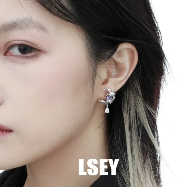 Minimalist S925 Sterling Silver Lava texture moon, niche personality, high-end feel, purple zircon stud earrings