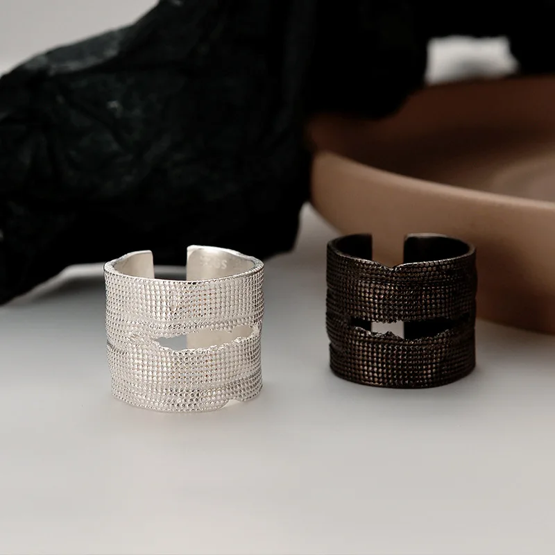 MLKENLY 100% 925 sterling silver damaged sack ring female ins cold wind opening matte index finger ring jewelry