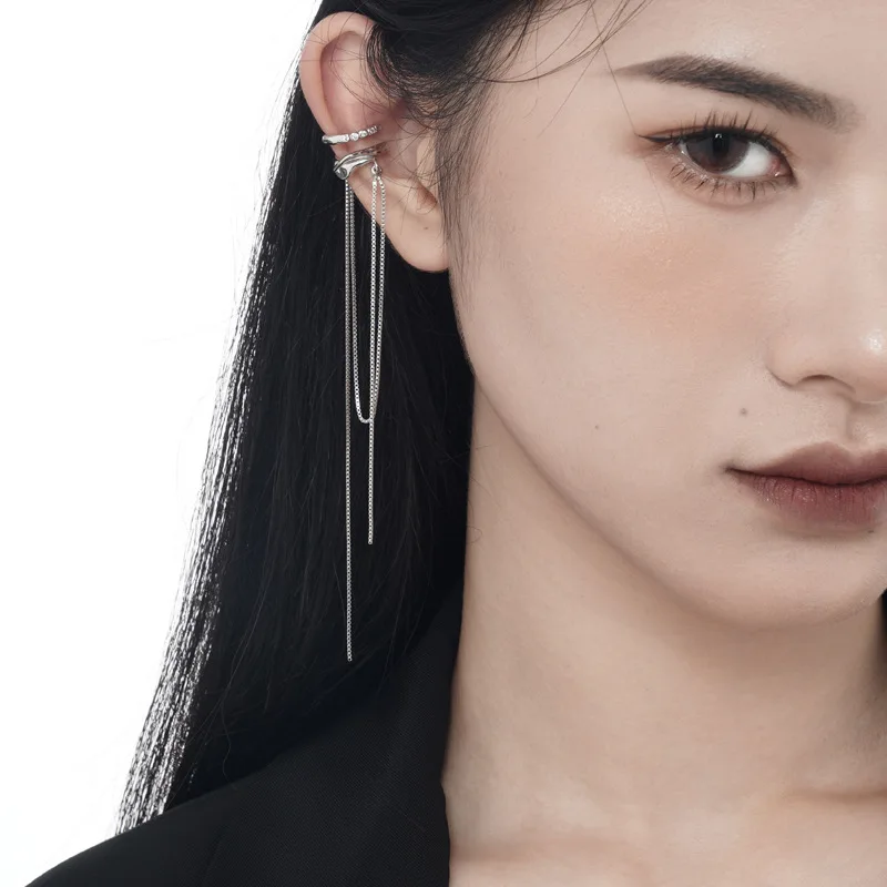 Micro fringed ear bone clip female minority design S925 sterling silver double-layer chain ear clip without ear hole senior cuff - Image 4