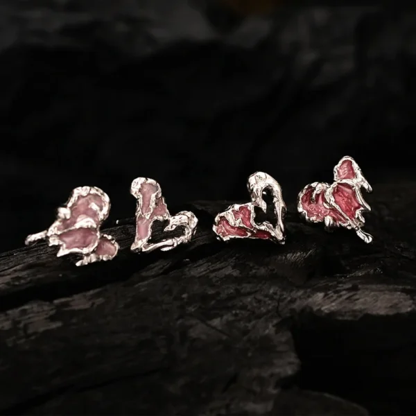 MLKENLY Cherry Blossom Powder Sweetheart Series Asymmetrical Earrings Female S925 Sterling Silver Texture Sweet Cool Heart Earr