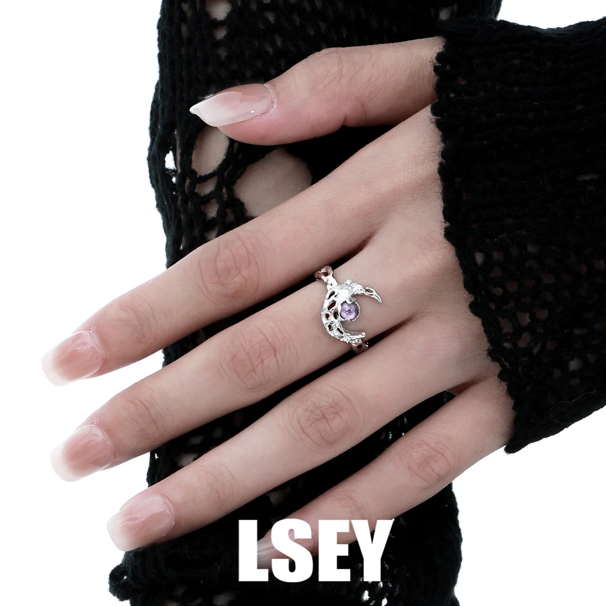 MLKENLY New S925 sterling silver Light luxury texture purple zircon moon Open Rings For Women Shiny CZ adjustable Ring Family