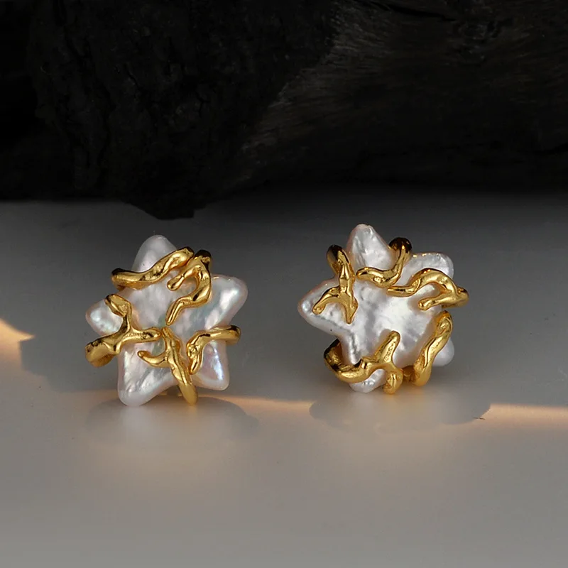 MLKENLY S925 sterling silver Baroque star stud design with pearl lines wrapped around star shaped earrings for women