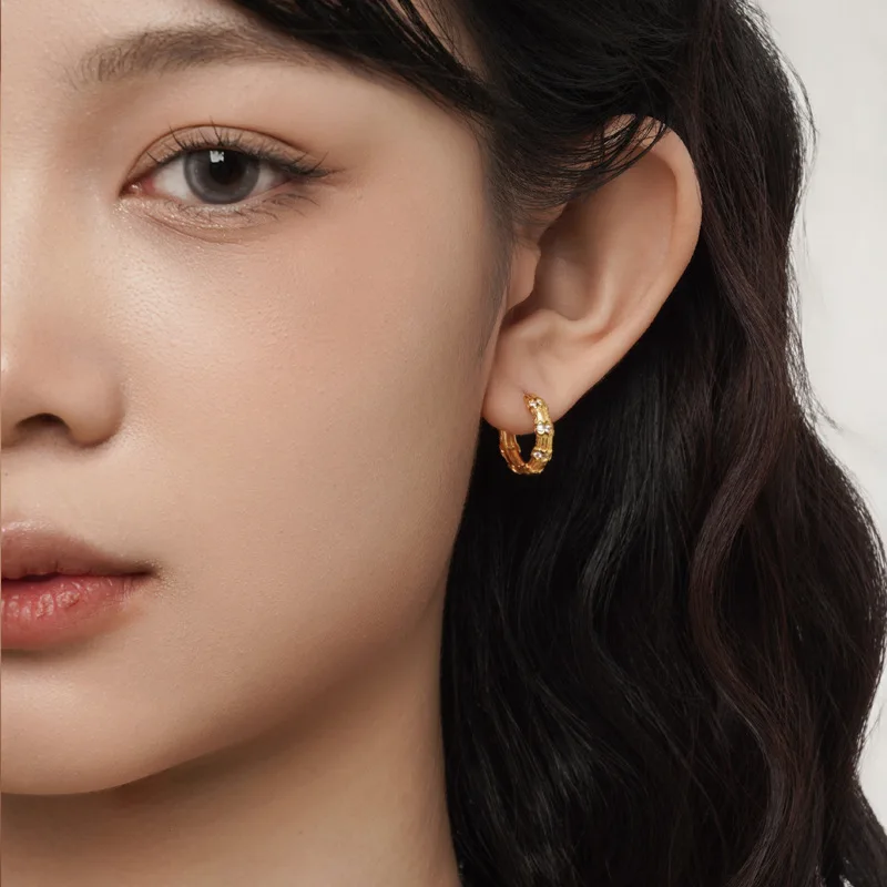 Korean Design S925 Pure Silver Bamboo Knot Ear Buckle for Women's Small and Super Sparkling Diamond Embedding Hoop Earrings - Image 3