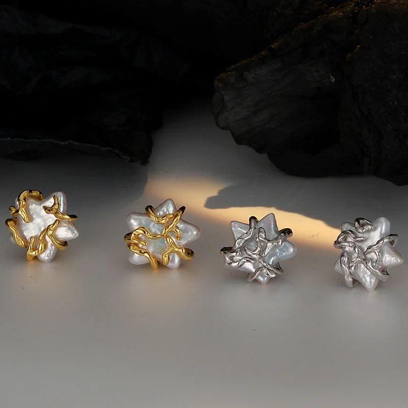 MLKENLY S925 sterling silver Baroque star stud design with pearl lines wrapped around star shaped earrings for women - Image 4