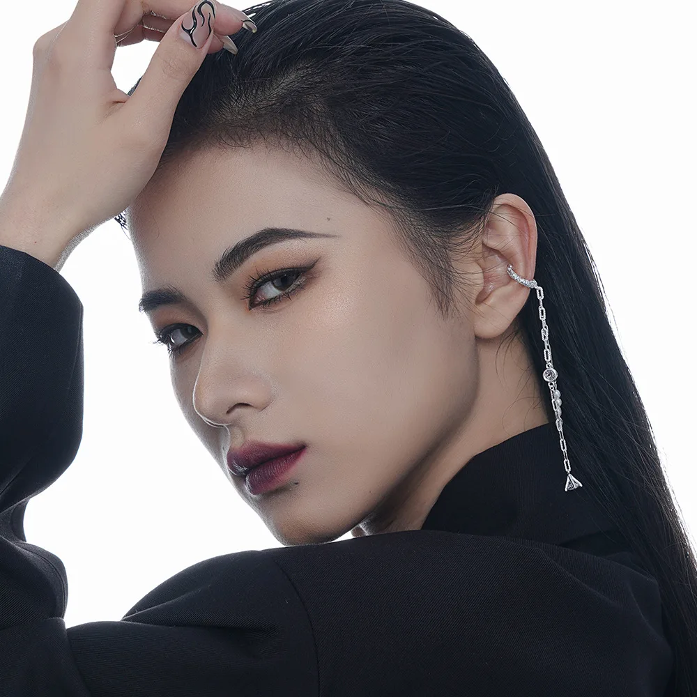 MLKENLY S925 sterling silver Diamond studded chain tassel pearl ear clip, female irregular texture long ear cuff - Image 3