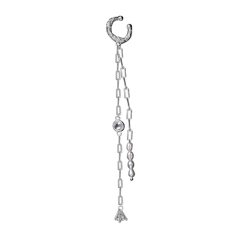 MLKENLY S925 sterling silver Diamond studded chain tassel pearl ear clip, female irregular texture long ear cuff - Image 6