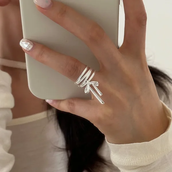 925 Sterling Silver Multi-layer Bow Ribbon Ring Female Simple Sweet Girly Heart Temperament Open Ring