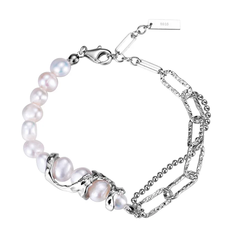 MLKENLY Baroque Bracelet Pearl French Light Luxury S925 Sterling Silver Textured Cross Chain Handwear for Women - Image 2