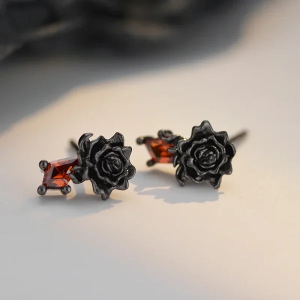 Simple S925 Sterling Silver Black rose earrings for women, small and delicate, with CZ crystal studearrings for ear care