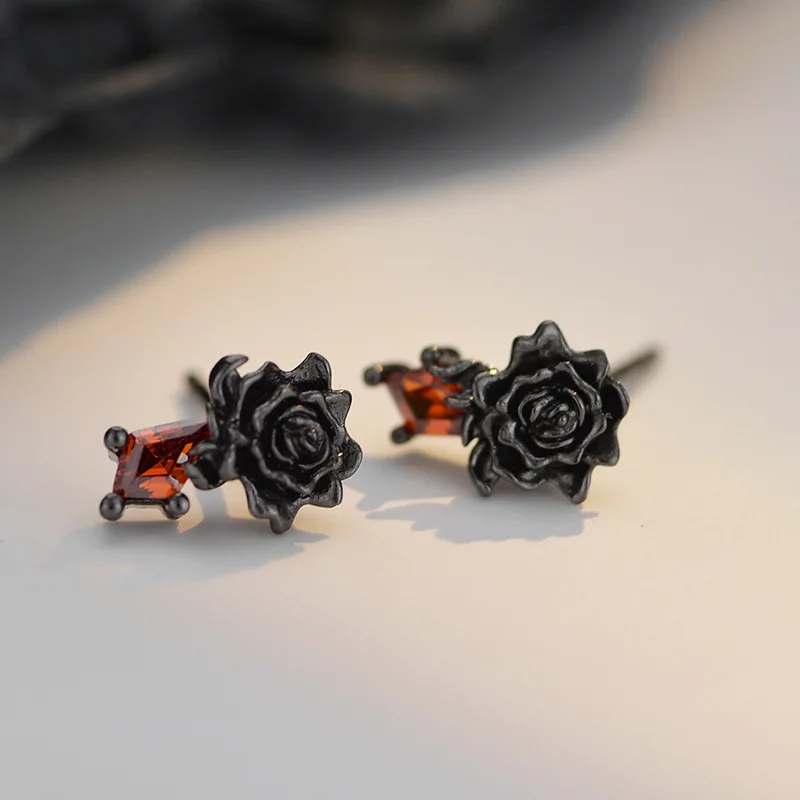 Simple S925 Sterling Silver Black rose earrings for women, small and delicate, with CZ crystal studearrings for ear care