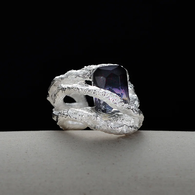 MLKENLY S925 sterling silver Gradient tourmaline ear clip for women without ear holes irregular winding hollow ear cuff