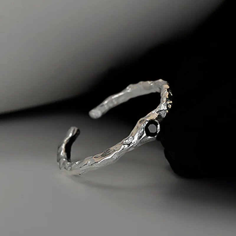 MLKENL S925 Sterling Silver Diamond studded fine ring, female ins style opening, burnt and wrinkled texture ring - Image 2