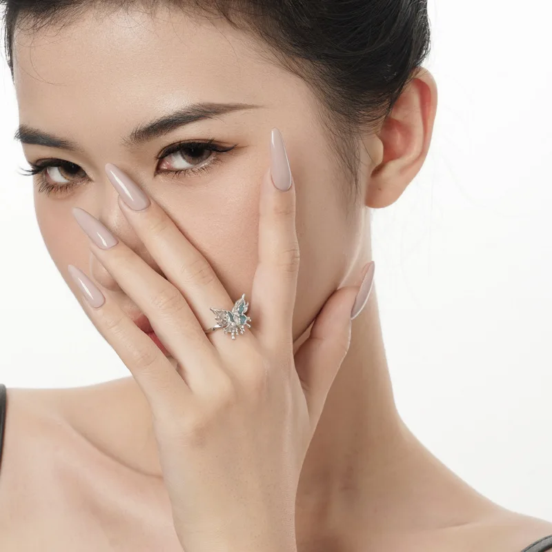 Design Sense S925 Sterling Silver Diamond Irregular Butterfly Ring Women's Open Enamel Index Finger Ring - Image 4