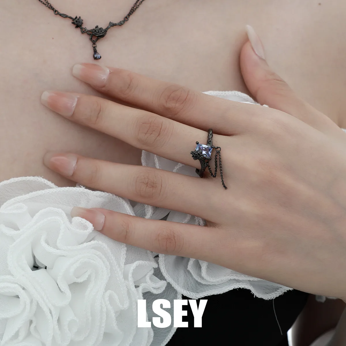 MLKENLY New S925 sterling silver Black Rose Tassel Ring Cold Wind Open Ring Design Luxury Exquisite Party Jewelry For Women - Image 2