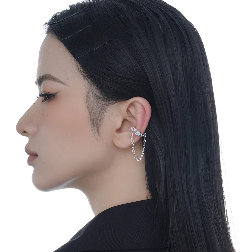 MLKENLY S925 sterling silver Texture Chain Ear Clip for Female Ins Wind No Earhole Inlaid Diamond Ear Cuff - Image 5