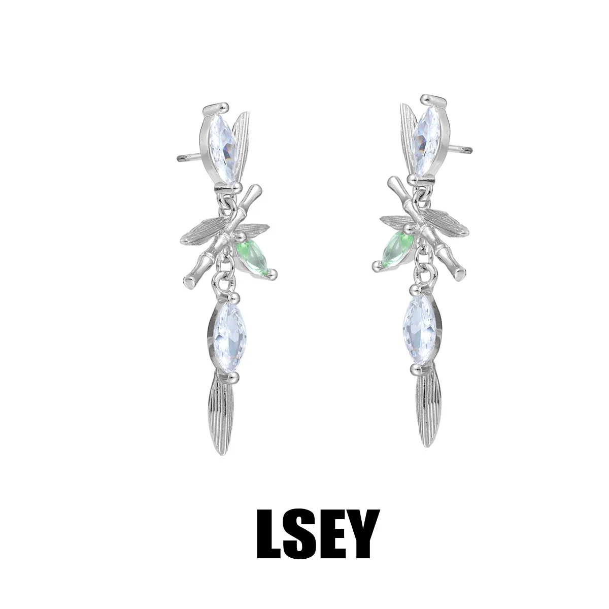 Minimalist S925 Sterling Silver Bamboo leaf dragonfly earrings niche original new Chinese style light luxury diamond studded ear - Image 2