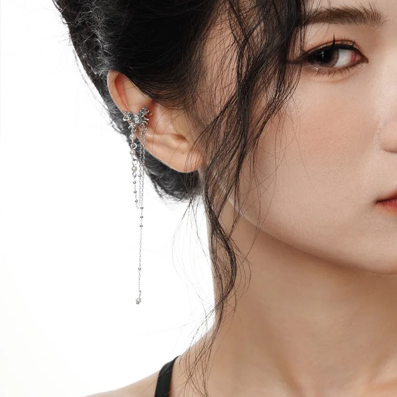 MLKENLY 1 PCS Designer S925 sterling silver enamel butterfly ear clip for women without ear holes, long tassel ear clip - Image 3