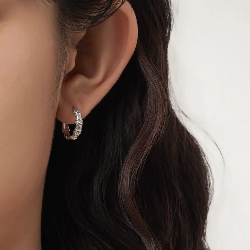 Korean Design S925 Pure Silver Bamboo Knot Ear Buckle for Women's Small and Super Sparkling Diamond Embedding Hoop Earrings - Image 2