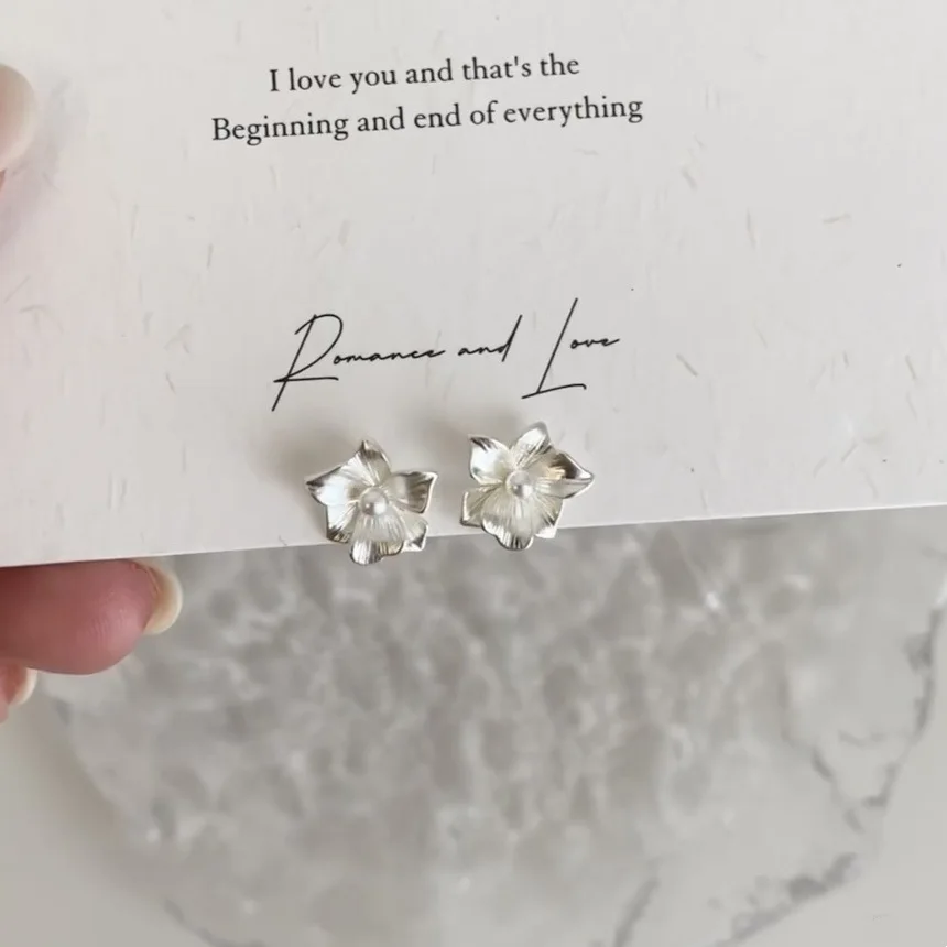 S999 Pure Silver Sweet Ins Petals Flower Pearl Stud Earrings Zircon Inlaid Fresh and Delicate Earrings for Ears - Image 2