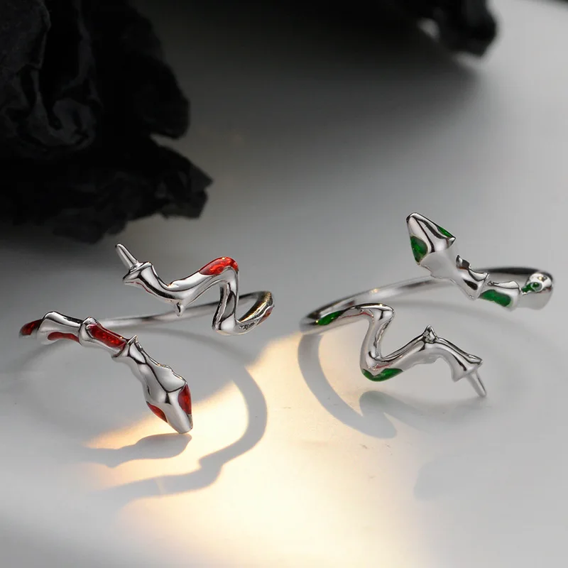MLKENLY Small niche designer S925 sterling silver bamboo snake ring for women with sweet and cool style and colorful snake ring