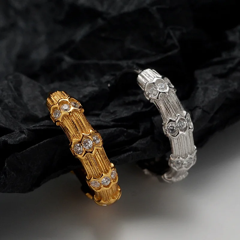 Korean Design S925 Pure Silver Bamboo Knot Ear Buckle for Women's Small and Super Sparkling Diamond Embedding Hoop Earrings - Image 4