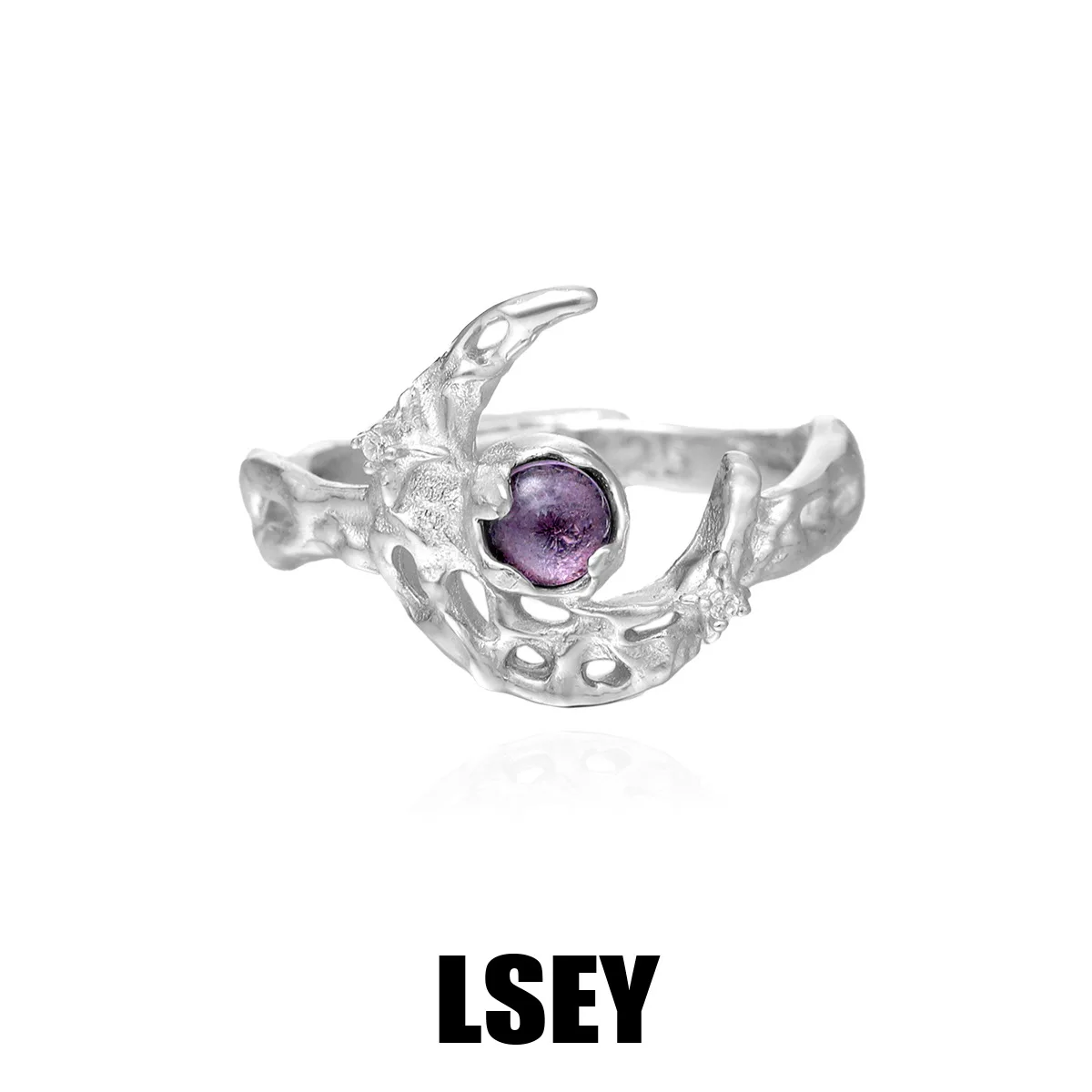 MLKENLY New S925 sterling silver Light luxury texture purple zircon moon Open Rings For Women Shiny CZ adjustable Ring Family - Image 4