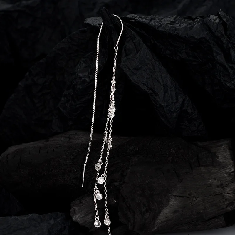 MLKENLY 1 PCS S925 sterling silver long style diamond studded tassel earrings with female ins and cool style earrings - Image 3