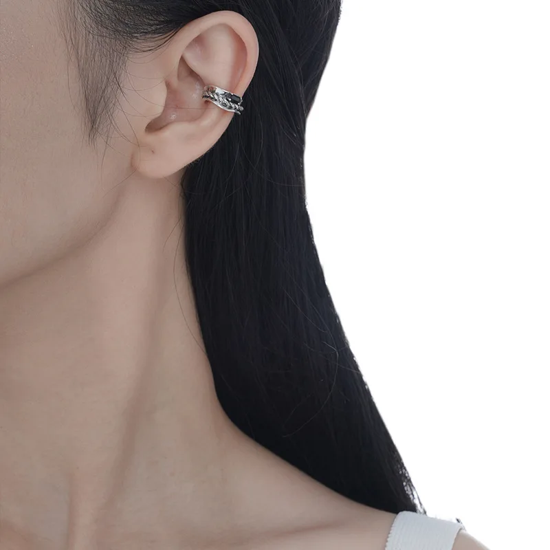 MLKENLY 1PCS Korean minimalist niche design S925 pterling silver black diamond ear cuff for women, retro vintage made chain - Image 4
