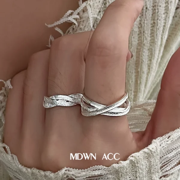 Design sense multi-layer woven 925 sterling silver ring women's adjustable texture ring niche high-end sense