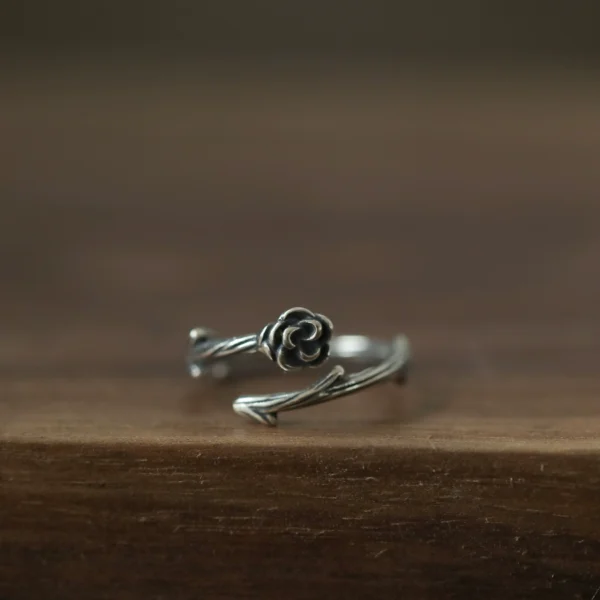 Pattern Veinsbrick "Thorn Flower" retro aged petals with thorns sterling silver S925 open adjustment ring