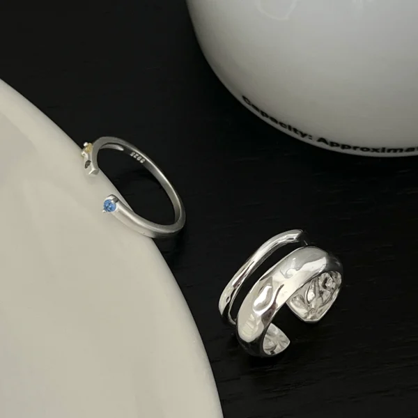 Cold style irregular double texture S925 sterling silver fashion ring women's personalized matte texture colored diamond ring